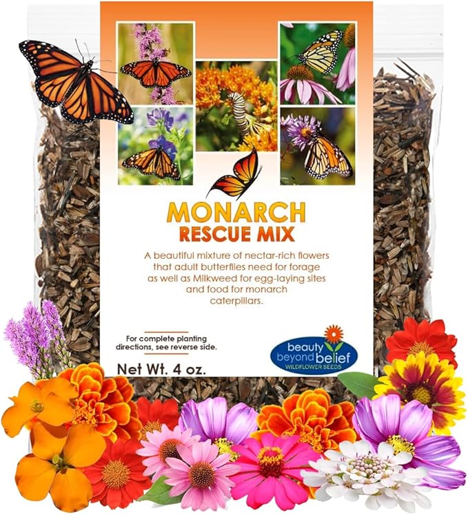 Monarch Butterfly Rescue Wildflower Seeds 4oz. Bulk Open-Pollinated Wildflower Seed Packet, No Fillers, Annual, Perennial Milkweed Seeds for Monarch Butterfly 4 oz