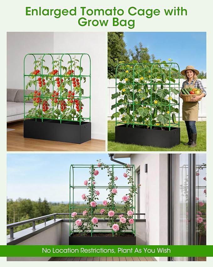 Cucumber Trellis with Grow Bags for Garden, U Frame Garden Trellis for Climbing Plants, Metal Plant Trellis with Garden Netting for Vegetables Flowers Fruits(4 Arches)