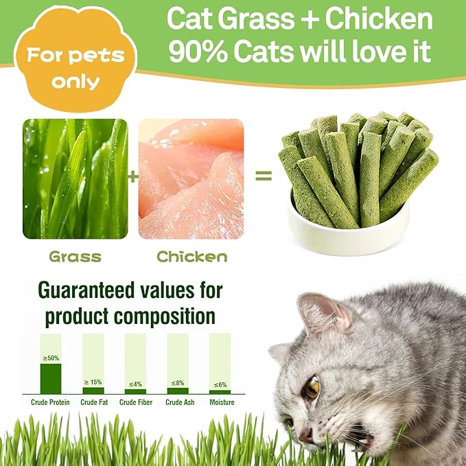 Petllgood 30g Cat Grass Sticks, Freeze Dried Cats Grass Teething Stick, Edible Cat Chew Toy for Teeth Cleaning Dental Health and Hairball Removal