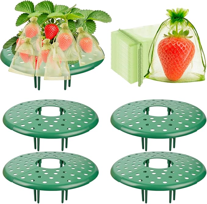 ChezMax 4 Pack Strawberry Plant Support - Strawberry Holder with 100 Pcs Green Mesh Protects, Strawberrys Supports for Garden, Strawberrys Trellis Stand with 32 Legs, Plant Pot Stand Protection