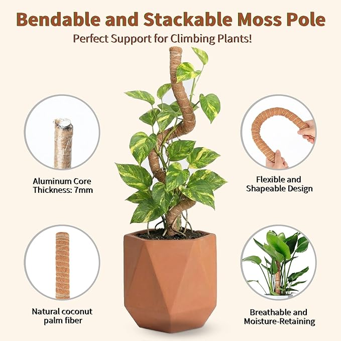 Moss Pole Monstera Plant Support, All Growth Stages – 4 Pack (28” Bendable Poles + 12'' Stackable Coir Poles, Thickened Aluminum Core Stakes, Tall Plant Sticks Support for Climbing Plants)