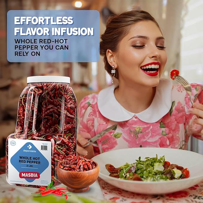 Dependable Foods Whole Red Hot Pepper– 2 Lb. Bulk Jar –- 100% Natural Intense Heat, Non-GMO, No Additives, Salt-Free Seasoning | Kosher, Allergen-Free