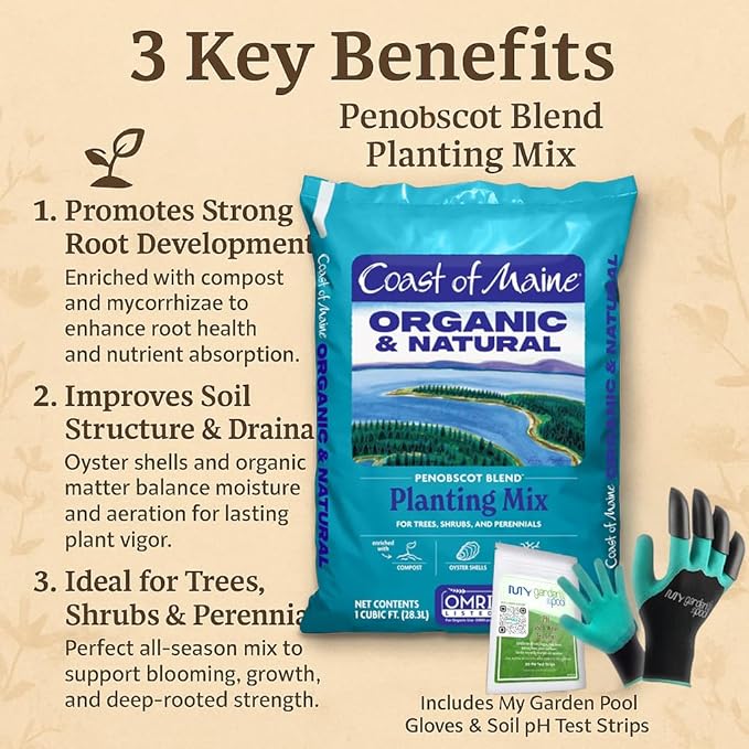 Coast of Maine PE1000 Penobscot Tree & Shrub Planting Mix 1 cf with My Garden Pool 7-in-1 Soil Test Strips, 20 ct. and Claw Gardening Gloves