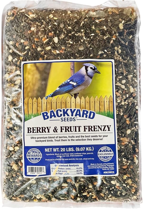 CountryMax Backyard Seeds Berries 'N Fruit Bird Seed – Premium Blend for Wild Birds with Dried Fruit & Berries, 20 lb Bag