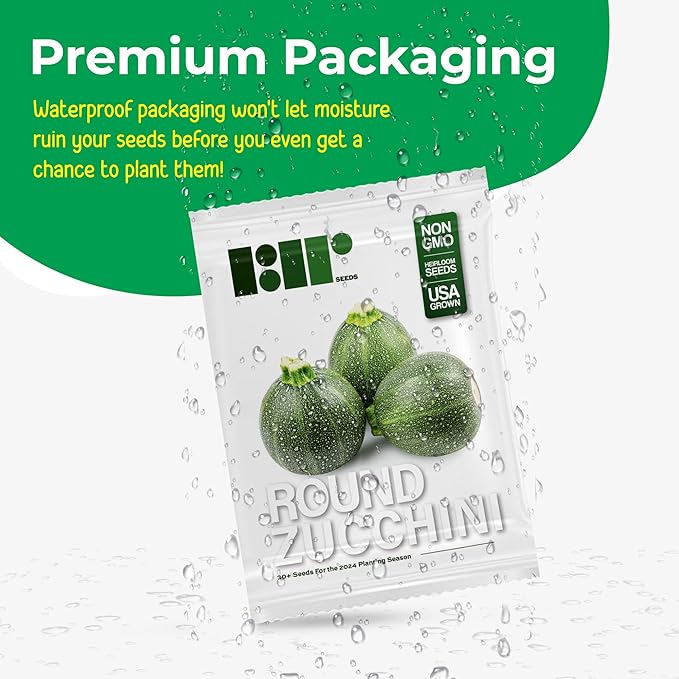 Round Zucchini Seeds for Planting - Heirloom, Non-GMO, USA Grown Seeds in Premium Waterproof Packaging with Plant Information and Instructions - Cucurbita Pepo