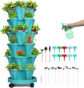 GameXcel Vertical Planter, 6 Tier Stackable Strawberry Planter with Garden Tool Set, Movable Indoor/Outdoor Garden Herb Pot for Growing Vegetables and Succulents, Teal