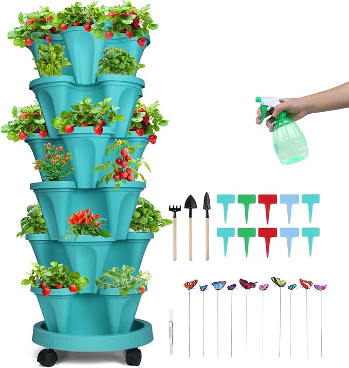 GameXcel Vertical Planter, 6 Tier Stackable Strawberry Planter with Garden Tool Set, Movable Indoor/Outdoor Garden Herb Pot for Growing Vegetables and Succulents, Teal