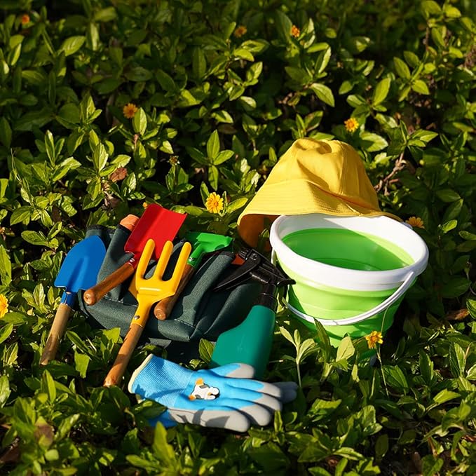 Kidz Gardening Set -Real Metal Gardening Tools Kit for Childrenz Includes Sturdy Shovel,Rake,Fork,Trowel,Kidz Garden Kit with Sun Hat,Apron,Gloves,Tote Bag,Sprayer and Bucket,Outdoor Gardening Gifts
