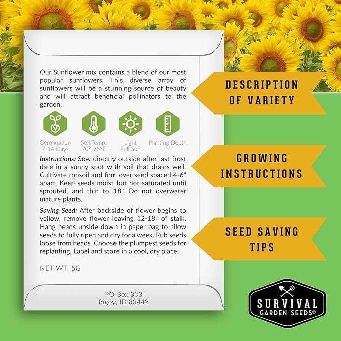 Mixed Sunflower Seeds for Planting | Colorful Blend of Heirloom Varieties for Cut Flowers & Pollinators – Heirloom Non-GMO – Survival Garden Seeds (1 Pack)