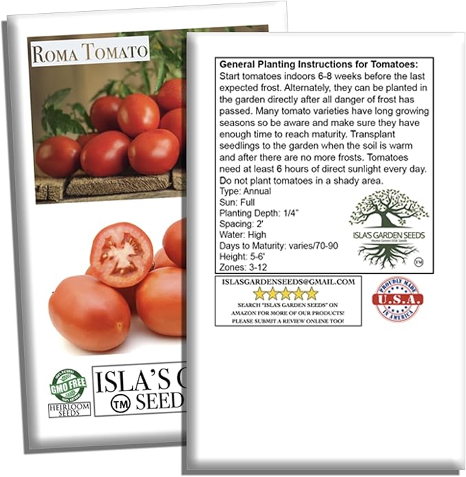Roma Heirloom Tomato Seeds for Planting – 300+ Non-GMO Seeds, Botanical Name: Solanum lycopersicum, 90% Germination Rate, Classic Paste Tomato for Sauces & Canning, by Isla’s Garden Seeds, Gift Idea