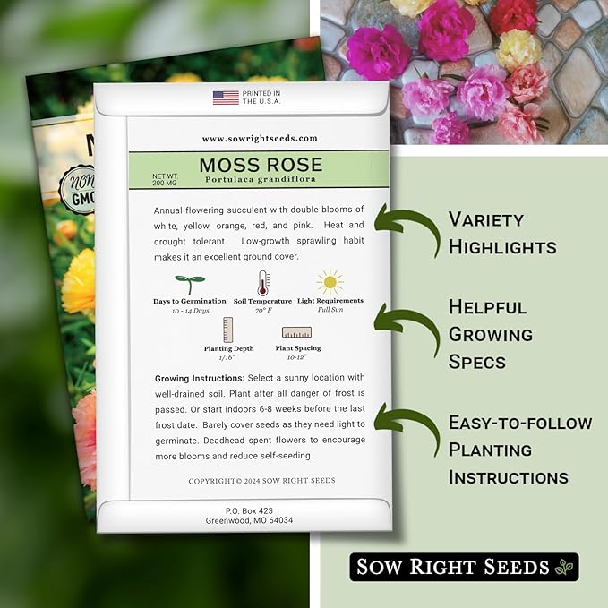 Sow Right Seeds - Moss Rose Seeds for Planting - Portulaca Grandiflora Mix - Double Flower Purslane - Non-GMO Heirloom Variety - Easy to Grow Outdoors - Colorful Annual for Garden & Containers (2)