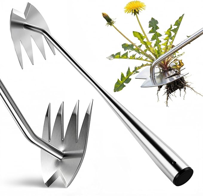 Upgraded Weed Puller Tool, 4-Tooth Stainless Steel Manual Weeder, Garden Weed Remover Tool for Vegetable Gardening Backyard Farm Planting & Weeding