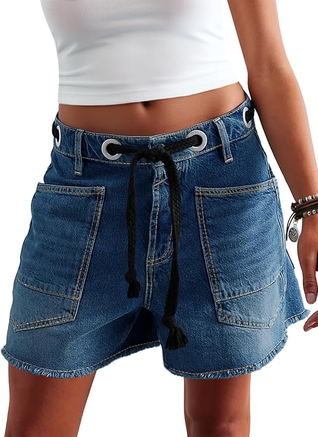 Cicy Bell Women Drawstring Mid Waist Denim Shorts Summer Casual Wide Leg Jorts Boyfriend Baggy Jeans Short Pants with Pockets