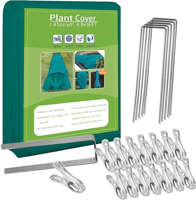 Plant Covers Freeze Protection, 6.5ft x 16ft 1.41 oz/yd² Frost Cloth Plant Blankets Floating Row Covers with 15 Stainless Steel Clips for Winter Plants Gardens Frost/Sun Pests Protection, Dark Green
