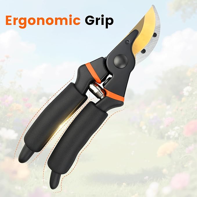 8.5 Inch Pruning Shears, Bypass Pruners with Titanium-Coated Japanese SK5 Steel Blade, Heavy Duty Garden Shears for Trimming Branches, Gardening Hand Tools with Ergonomic Handles