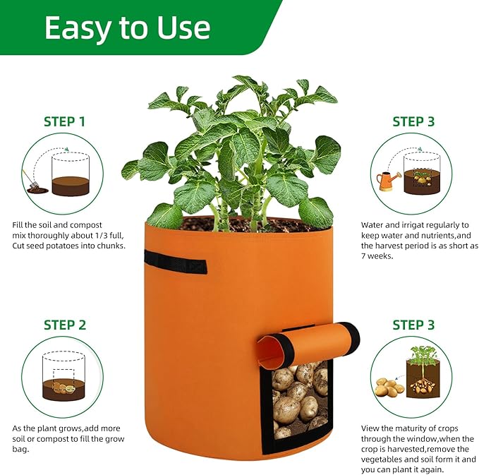 6 Pack 10 Gallon Potato Grow Bags, Thickened Nonwoven Fabric Planting Bags with Flap for Growing Tomatoes, Fruits, Herbs, Orange
