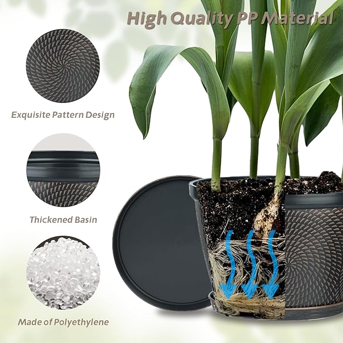 Quarut 10 Inch Flower Pots for Outdoor Indoor, 3 Pack Plastic Plant Pots with Drainage Hole & Tray, Modern Decorative Garden Pot with Saucer, planters for House (Brown)