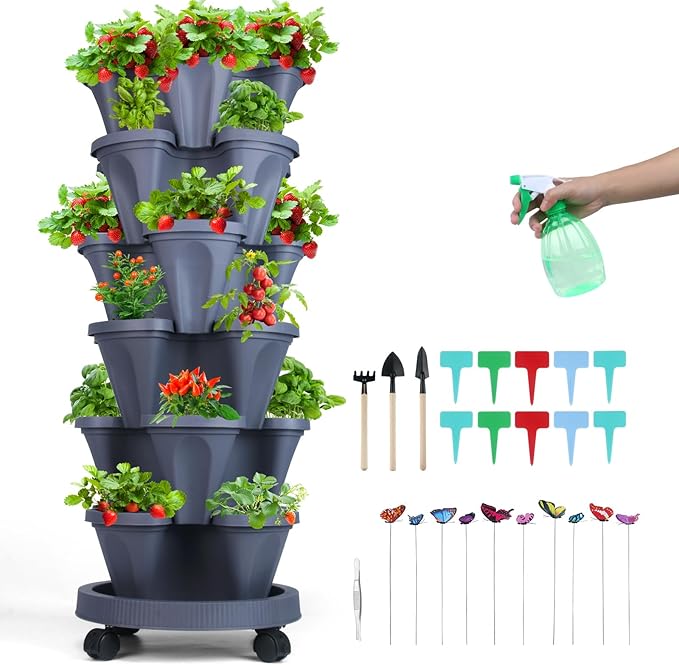 GameXcel Vertical Planter, 6 Tier Stackable Strawberry Planter with Garden Tool Set, Movable Indoor/Outdoor Garden Herb Pot for Growing Vegetables and Succulents, Dark Gray