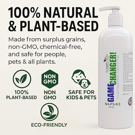 GS Plant Foods Game Changer - 100% Plant-Based Liquid Fertilizer 4-3-3 – for Organic Growing, Odor-Free, Easy Squeeze Bottle, Vegan – Indoor & Outdoor Plants - 20 Ounces