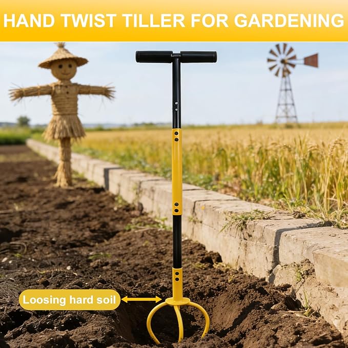 Garden Hand Tiller with Ergonomic Handle, Steel Cultivator Tiller Lawn Aerator Soil Lossener Manual Twist Tiller for Gardening