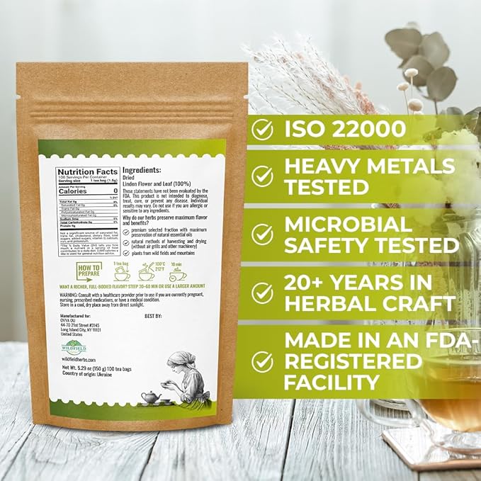 100 Bags Linden Tea Dried Linden Flower Tea Herbal (Tilia Cordata) - 100 Count 1.5g Bags Herb Lipa