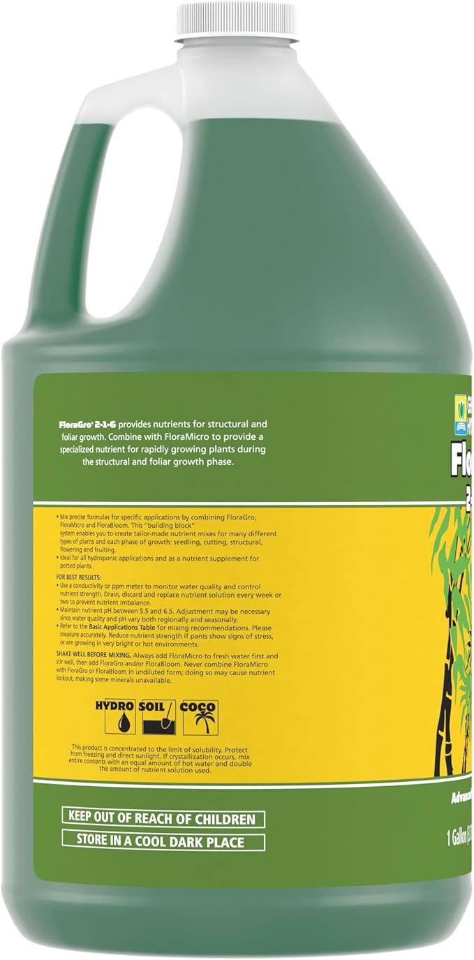 General Hydroponics FloraGro 2-1-6 Plant Food, Part of FloraSeries Advanced Nutrient System for Plants, 1 Gallon