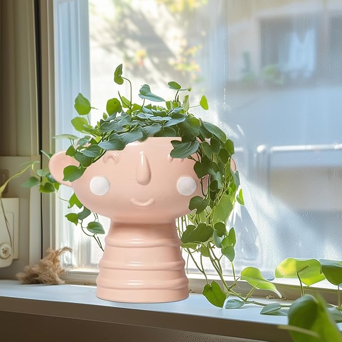 Face Planter Pots Head 7 Inch - Ceramic Face Pot for Plants Indoor Outdoor, Cute Decorative Plant Pots with Drainage Hole, Succulent Planters, Living Room Decor, Valentine Gifts, Matte Pink