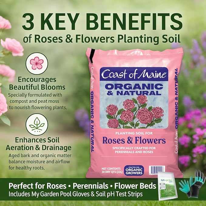 Coast of Maine RF3500 Rose & Flower Planting Soil 20 qt with My Garden Pool 7-in-1 Soil Test Strips, 20 ct. and Claw Gardening Gloves