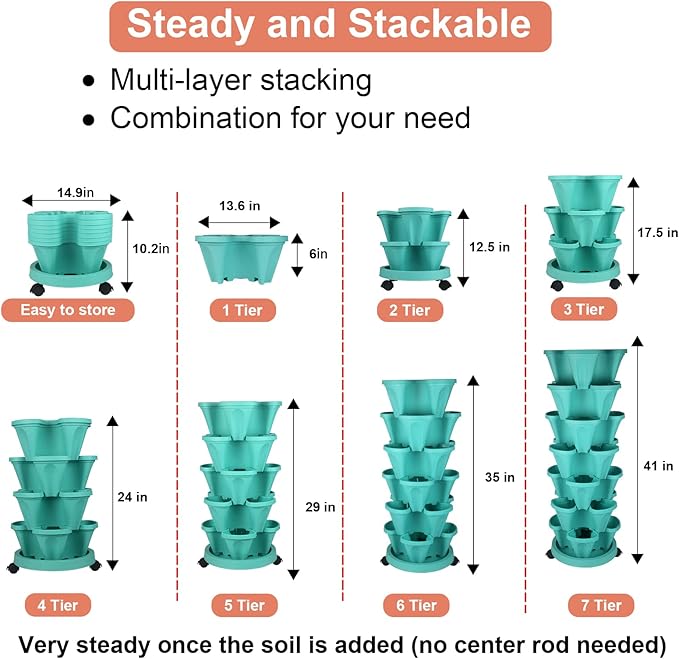 GameXcel Vertical Planter 7 Tier Stackable Planters Garden Planters Strawberry Herb Flower and Vegetable Planter Indoor Outdoor Gardening Pots with Removable Wheels and Tools