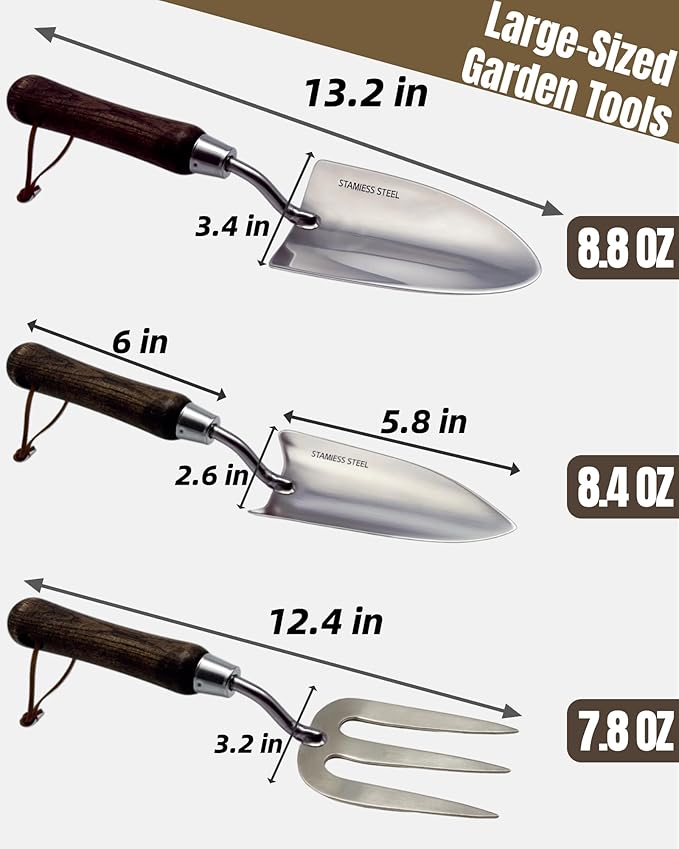 Garden Tool Set, 6PCS Heavy Duty Stainless Steel Gardening Hand Tools with Ropes, Includes Hand Cultivator Shovel Trowel Transplanter 2-in-1 Hoe Pruner Ideal Gardening Gifts for Women Men (Upgrade)