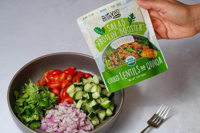 BeanVIVO 6-Pack Salad Protein Booster - Organic Lentils & Quinoa, fully cooked and seasoned, delivering a burst of taste and 10g of protein-packed goodness in every pouch 5oz
