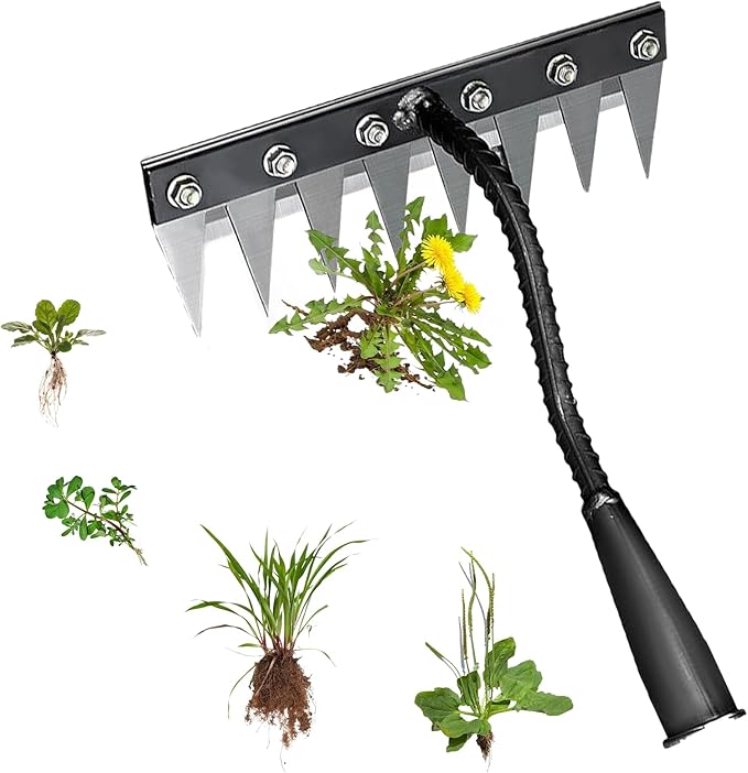 Iron Weeding Rake 2.0, 8 Teeth Carbon Steel Garden Weeding Rakes, Heavy-Duty Iron Rake for Gardening and Weeding
