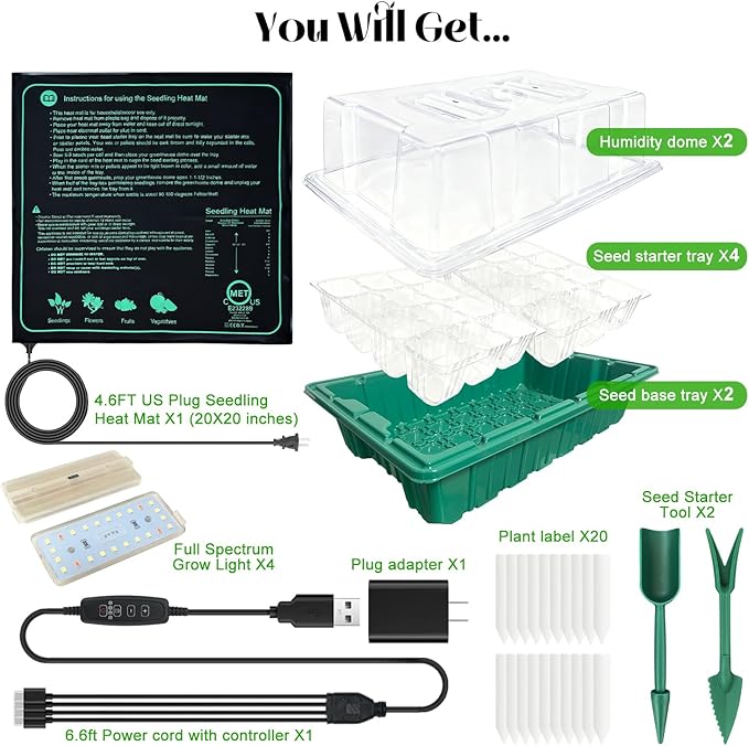 Seed Starter Trays with Grow Lights and Heat Mat, 2 Pack Seed Starter Kit with Humidity Dome and Timing Controller, Adjustable Vent and Brightness, Ideal Germination Tray for Seed Starting and Growing