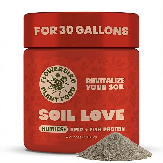 Flowerbird Soil Love – Premium Plant Food & Plant Fertilizer | Humics, Cold-Pressed Kelp & Fish Hydrolysate | Bio-Active Soil Amendment for All Plants | Pet Safe | NPK 2-1-4 (4 oz) - for 30 Gallons