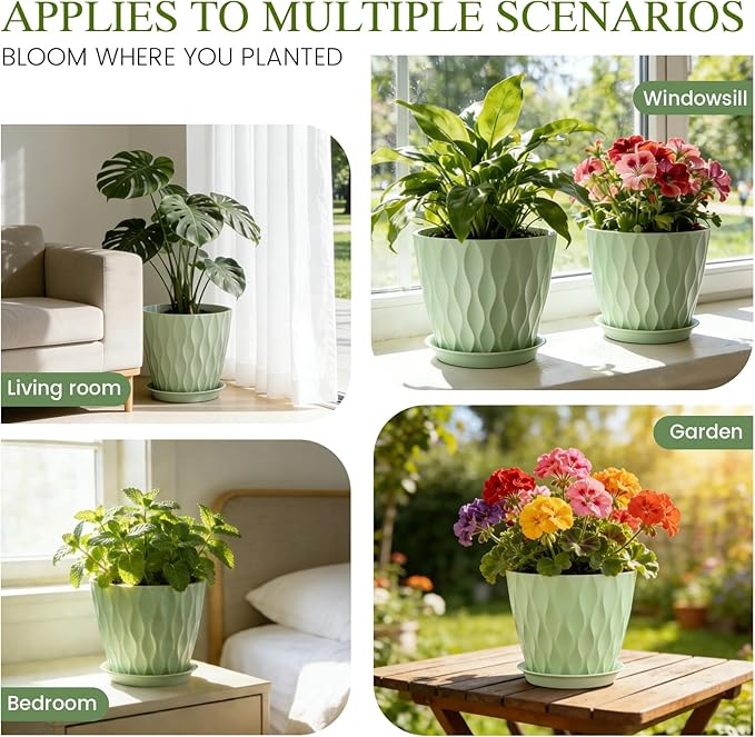 8" Water Wave Plant Pots with Drainage Holes & Saucers, 4 Pack Modern Textured Medium Planters for Indoor Outdoor Plants, Decorative Flower Pots Repotting Set for Flowers, Herbs (Green)