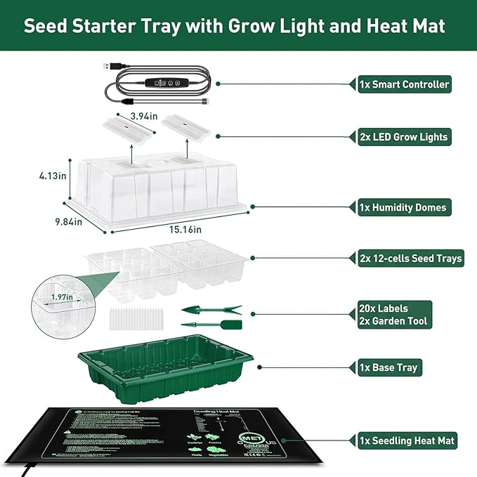Verdenu Seed Starter Tray with Grow Lights and Heat Mat, Extra Large 24-Cell Seed Growing Tray with heightened Lid, Seed Trays with Humidity Domes for Propagation and Germination for Indoor Plants