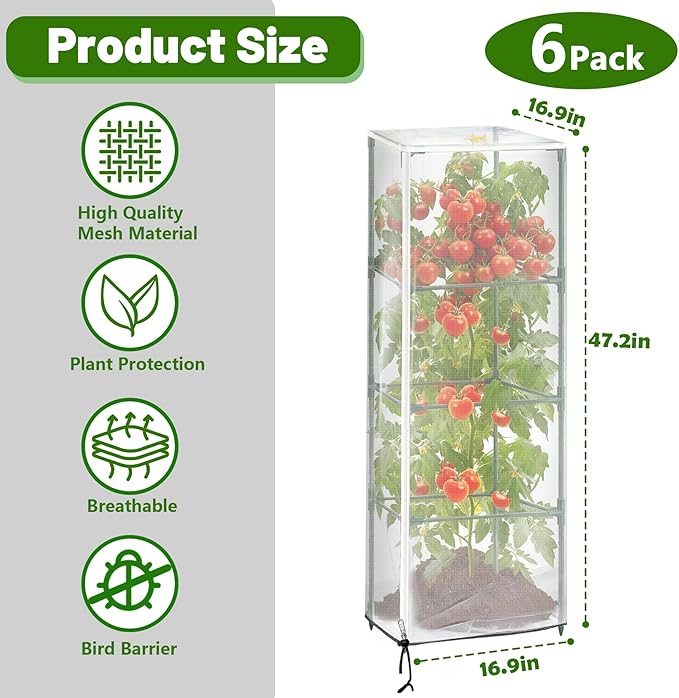 6 Pack 47.2 * 16.9 * 16.9inch Plant Cover for Square Tomato Cage,Tomato Trellis Mesh Netting Covers with Zipper Drawstring Bird Netting for Garden Protection
