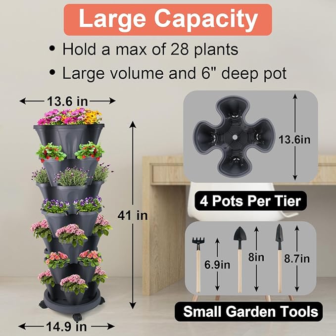 GameXcel Vertical Planter 7 Tier Stackable Planters Garden Planters Strawberry Herb Flower and Vegetable Planter Indoor Outdoor Gardening Pots with Removable Wheels and Tools