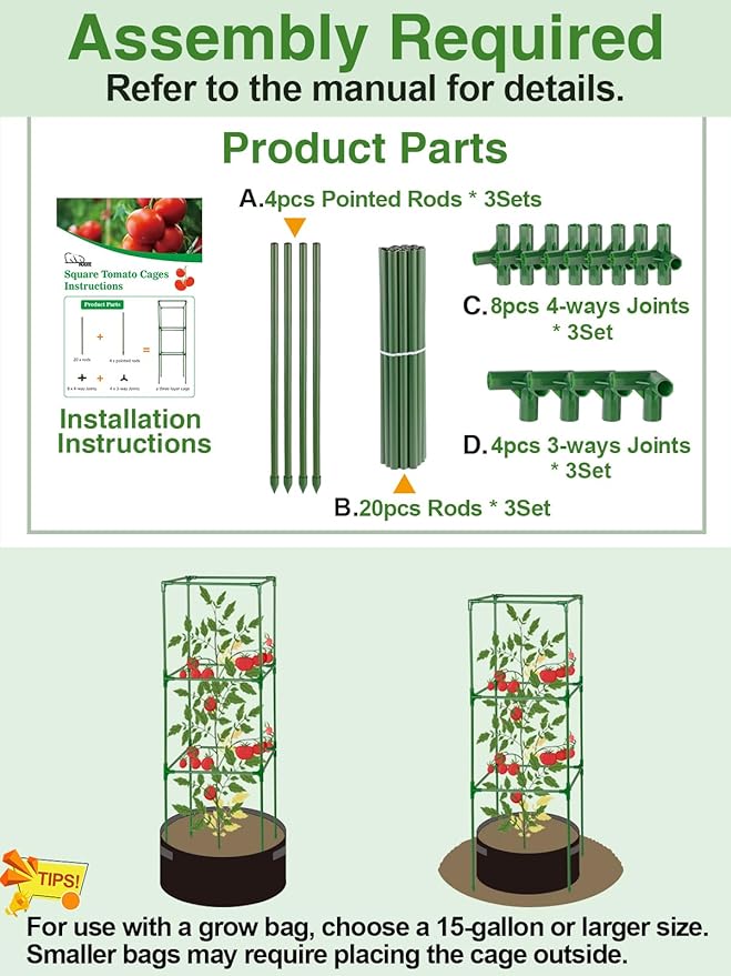 Sturdy Tomato Cage for Garden - 45x14.5x14.5in Easy to Assemble Square Tomato Plant Support Poles, Heavy Duty Metal Plant Tower Stakes Cucumber Trellis for Climbing Vegetable Flowers Fruits, 3 Pack