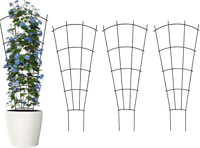 4 Pack 24" Metal Plant Trellis for Pots & Garden Beds, Rustproof Support for Indoor Outdoor Climbing Plants, Vines, Flowers, Fan Shaped, Black
