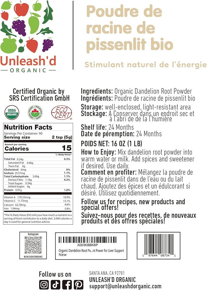 Unleash’d Organic Dandelion Root Powder 16oz – Organic Vegan, for Tea & Drinks, Detox and Digestive Support