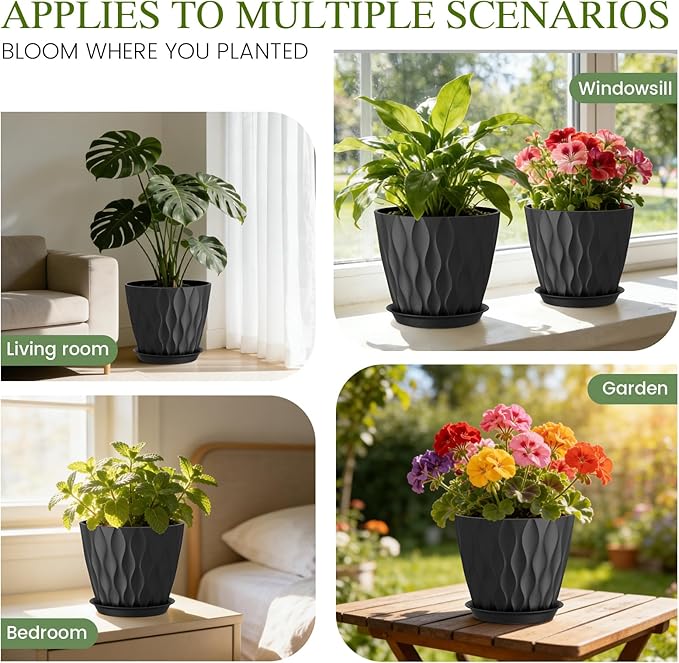 8" Water Wave Plant Pots with Drainage Holes & Saucers, 4 Pack Modern Textured Medium Planters for Indoor Outdoor Plants, Decorative Flower Pots Repotting Set for Flowers, Herbs (Black)