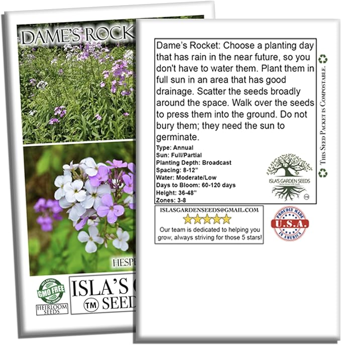 Dame's Rocket Flower Seeds, 1000+ Non-GMO Heirloom Seeds, Vibrant Purple/Pink/White Blooms, Pollinator-Friendly, Easy-Grow Hesperis matronalis, Isla's Garden Seeds for Stunning Gardens