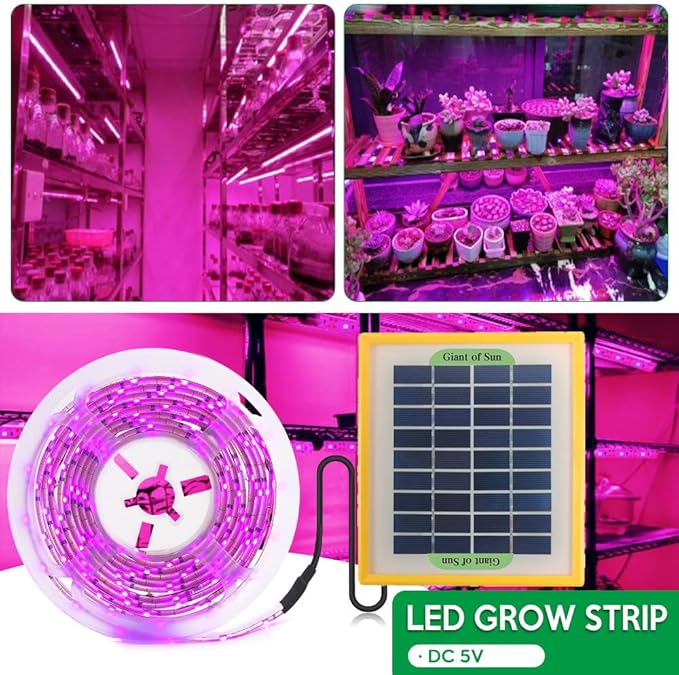 Solar Panel LED Grow Light Full Spectrum 5V Grow Light Strip 3M 2835 LED Phyto Lamps 9.84ft Flower Seed Hydroponic Light for Indoor Plants Greenhouse Hydroponic Seedling Growing Lamp