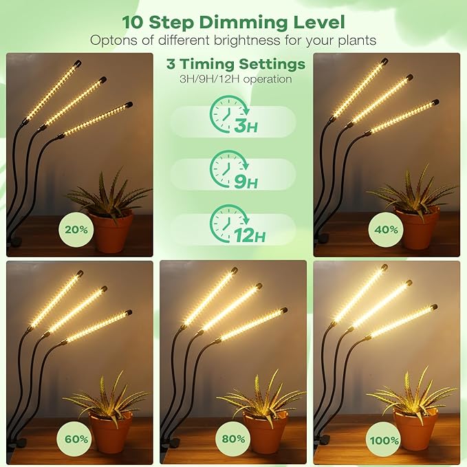 Led Grow Lights, 3 Heads Full Spectrum Plant Light with Clamp for Indoor Plants & Seed Starting, 10-Level Dimmable, Auto On Off, Timing 3 9 12Hrs