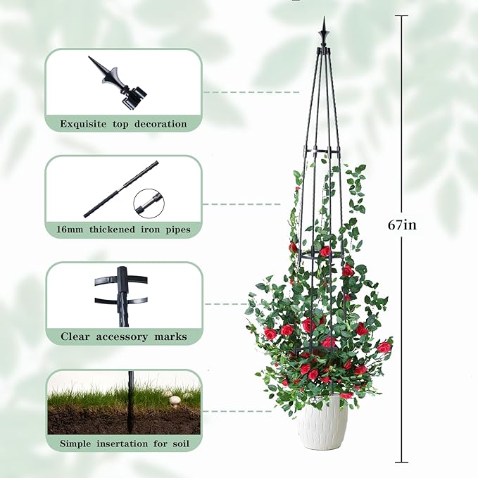 Garden Obelisk Trellis for Climbing Plants, 67inch lron Pipe Wrapped in Plastic Plant Support, Rust-Resistant Outdoor Garden Structure for Roses, Vines, and Flowers, Easy Assembly, Durable Design.