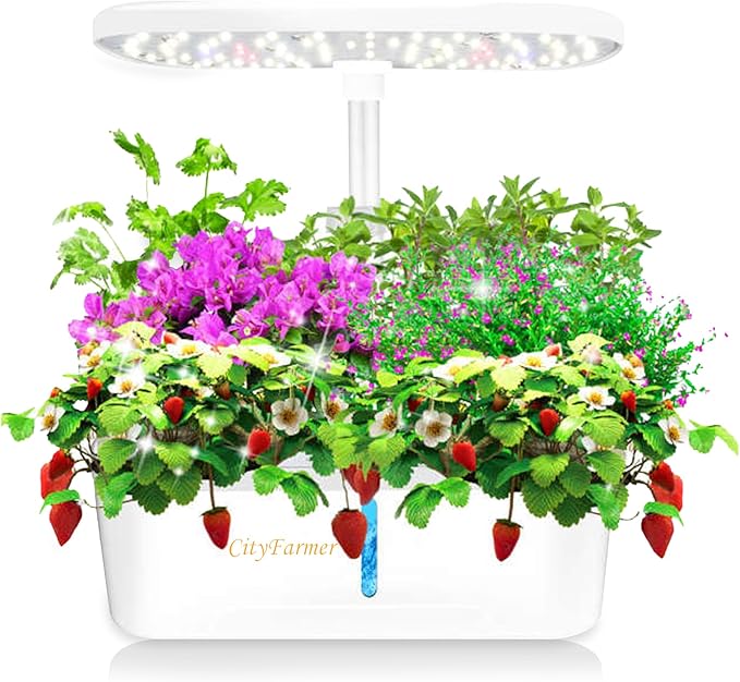 Cityfarmer Indoor Hydroponics Growing System: Indoor Fresh Vegetable, Herb Garden Kit with LED Grow Light Quiet Smart Water Pump Automatic Timer - Planter for Home Kitchen Office (White, 12 pod)