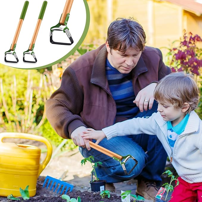 2 Pcs Mini Garden Hoes for Weeding Long Stirrup Hoe Tools Scuffle Garden Tool for Lawn Yard Weeding Gardening (Wood Handle)