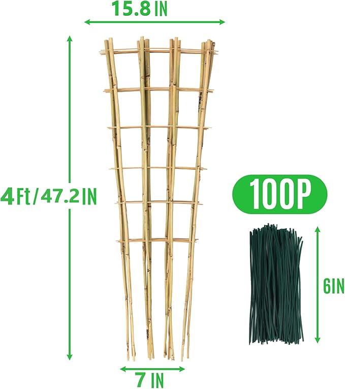 SWANGSA 6 Pack 4Ft Bamboo Trellis for Climbing Plants, Fan-Shaped Garden Ladder Trellis with 100pcs Twist Ties for Outdoor and Indoor Plant Support, Potted Plants, Cucumber, Tomato, Vine