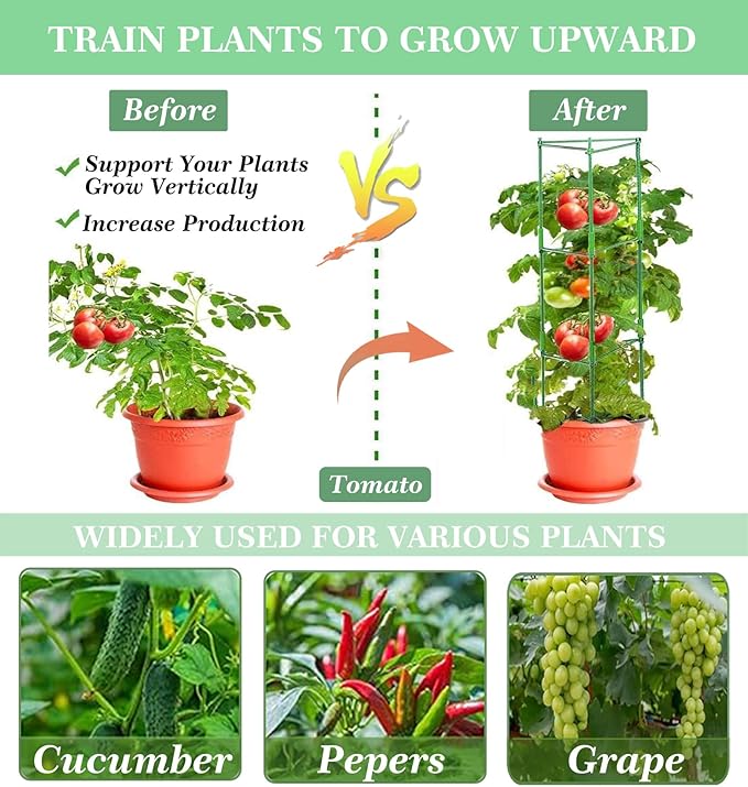 Moirsunt 4 Pack Tomato Cage for Garden- Plant Support Stakes Up to 63inch Garden Stakes Tomato Cage, Tomato Trellis for Potted Plants Climbing Vegetables Plants Flowers